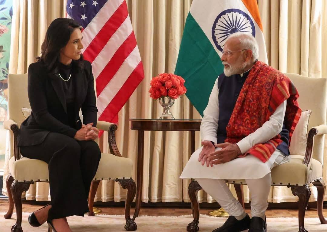 PM मोदी ने USA की राष्ट्रीय खुफिया निदेशक तुलसी गबार्ड से की मुलाकात, भारत-अमेरिका संबंधों पर हुई अहम चर्चा।